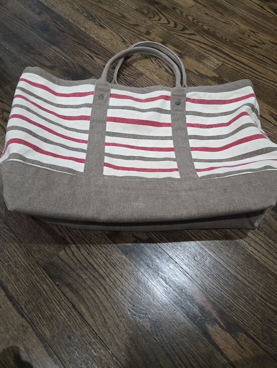 Restoration Hardware Handbags - Restoration Hardware large Red Brown Off White Canvas Stripe tote